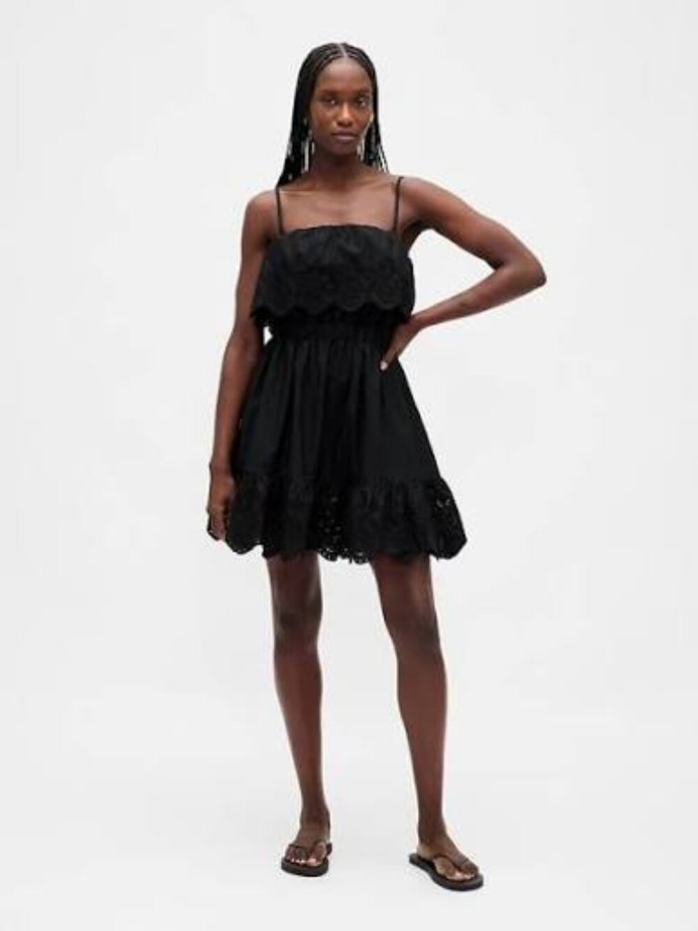 NWT S Black GAP Eyelet Ruffle Mini Dress Spaghetti Strap Lightweight Cotton